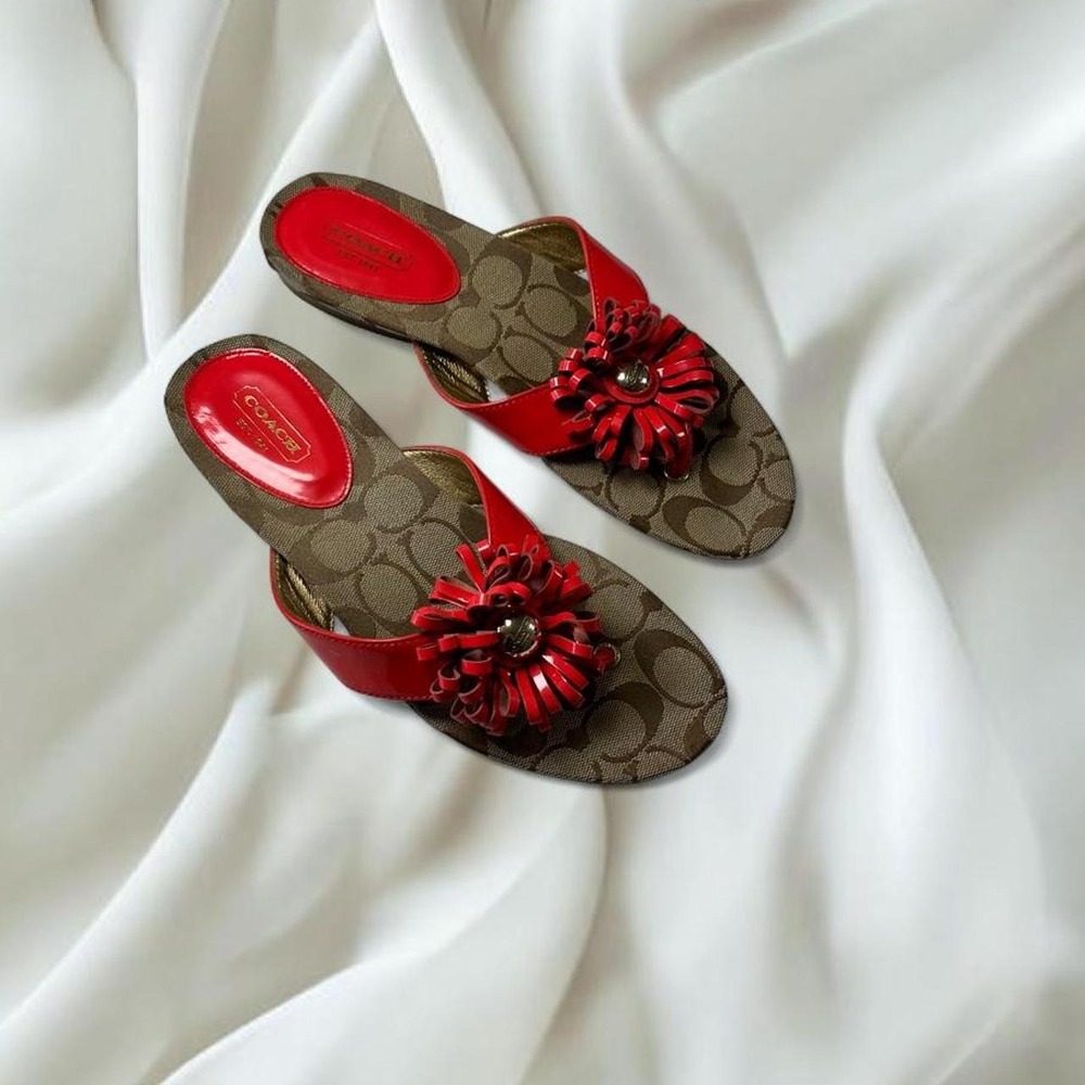 Coach Skye signature C thong sandals melon red sunburst flower accent y2k fairy